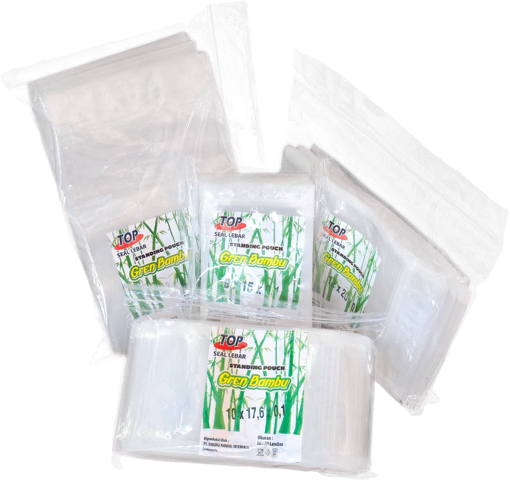 Polypropylene standing pouches for snack packaging in various sizes, featuring the Gren Bambu brand