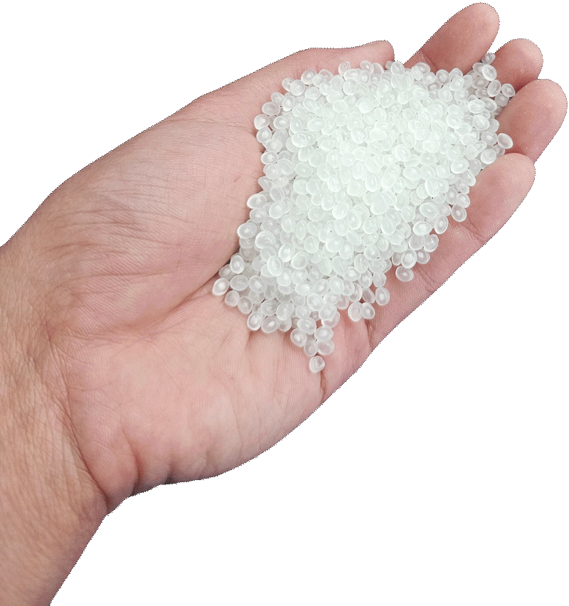 Hand holding plastic resin pellets raw materials for PP plastic manufacturing Indonesia