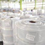 PP Plastic film rolls stacked neatly in a plastic factory in Indonesia